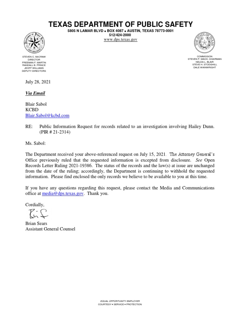 Texas Department of Public Safety Via Email PDF Government Justice