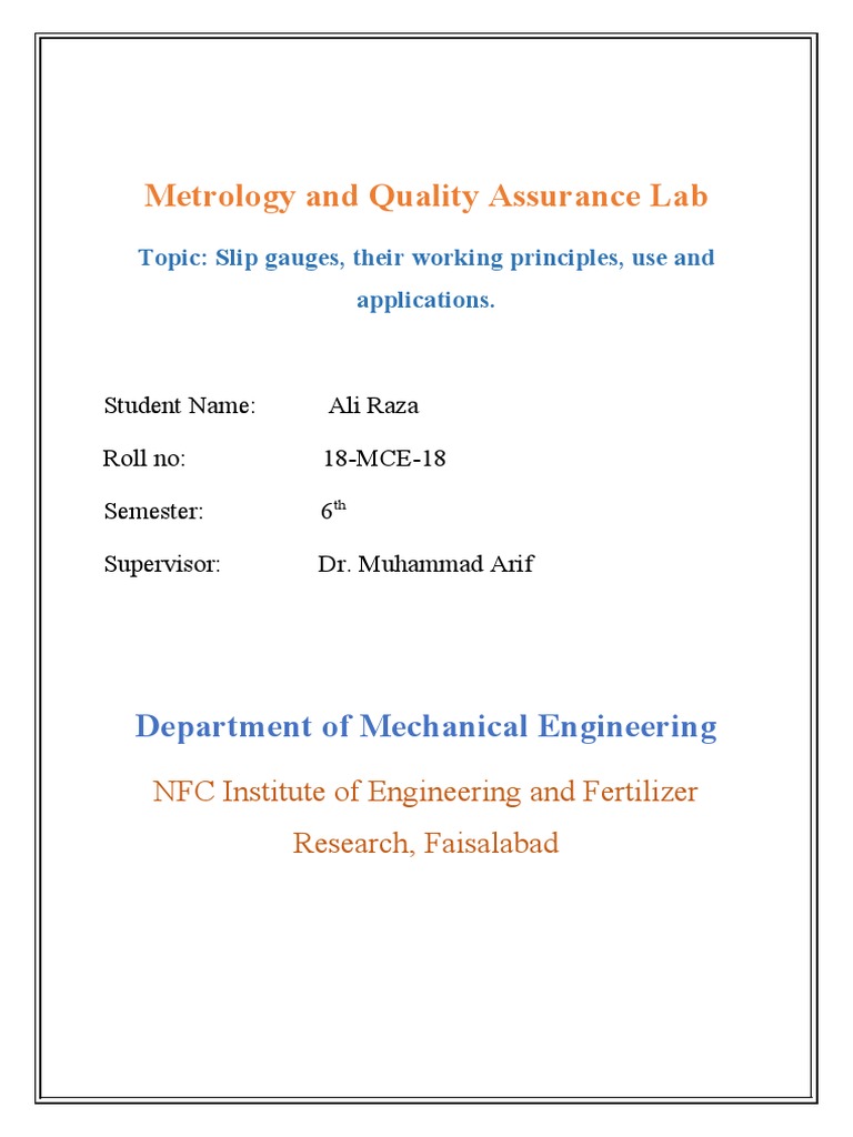 Metrology and Quality Assurance Lab: Department of Mechanical ...