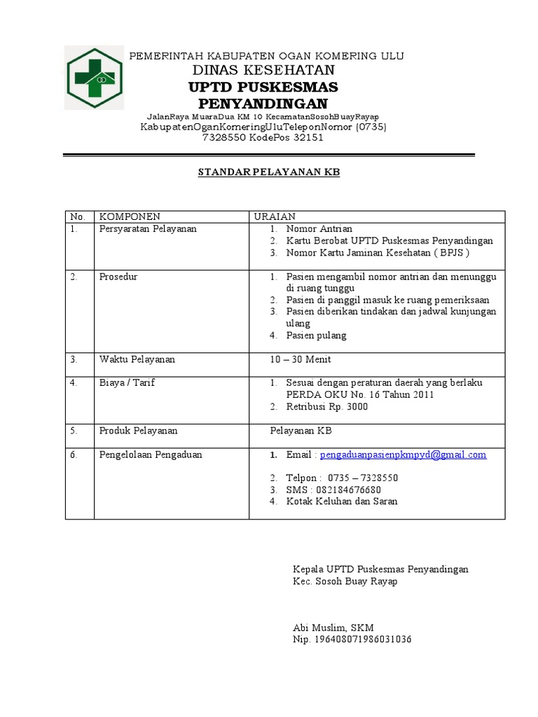 Standar Pelayanan Uptd Puskesmas Penyandingan Pdf