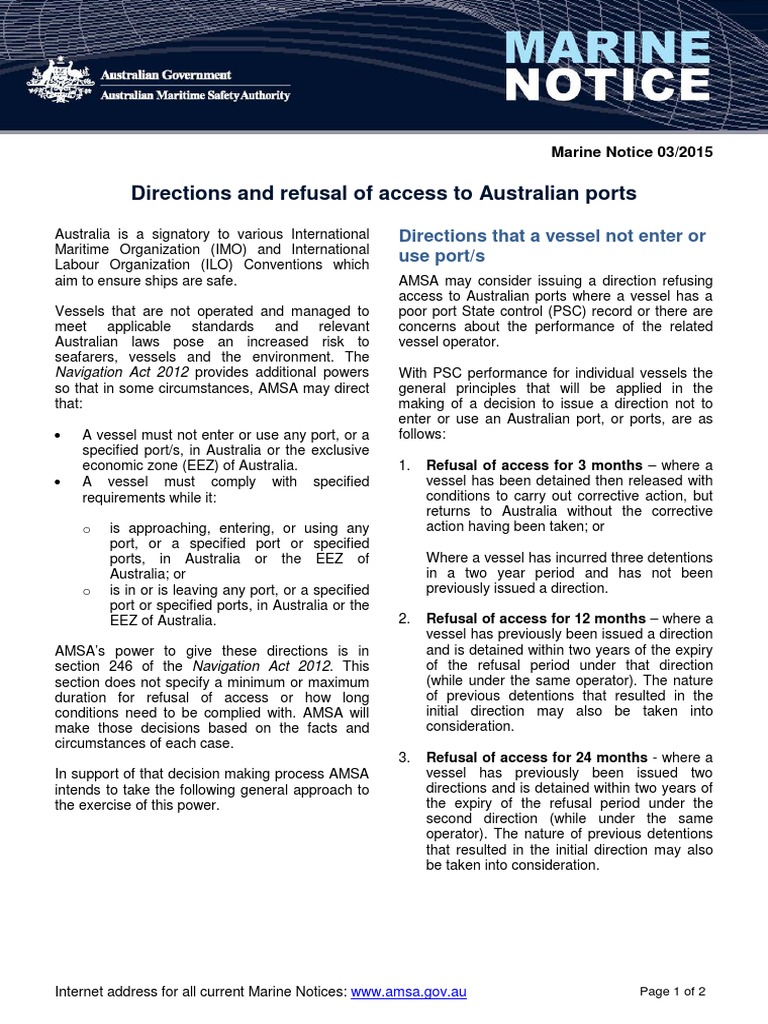 AMSA Marine Notice: Port Access Rules | PDF | Exclusive Economic Zone ...