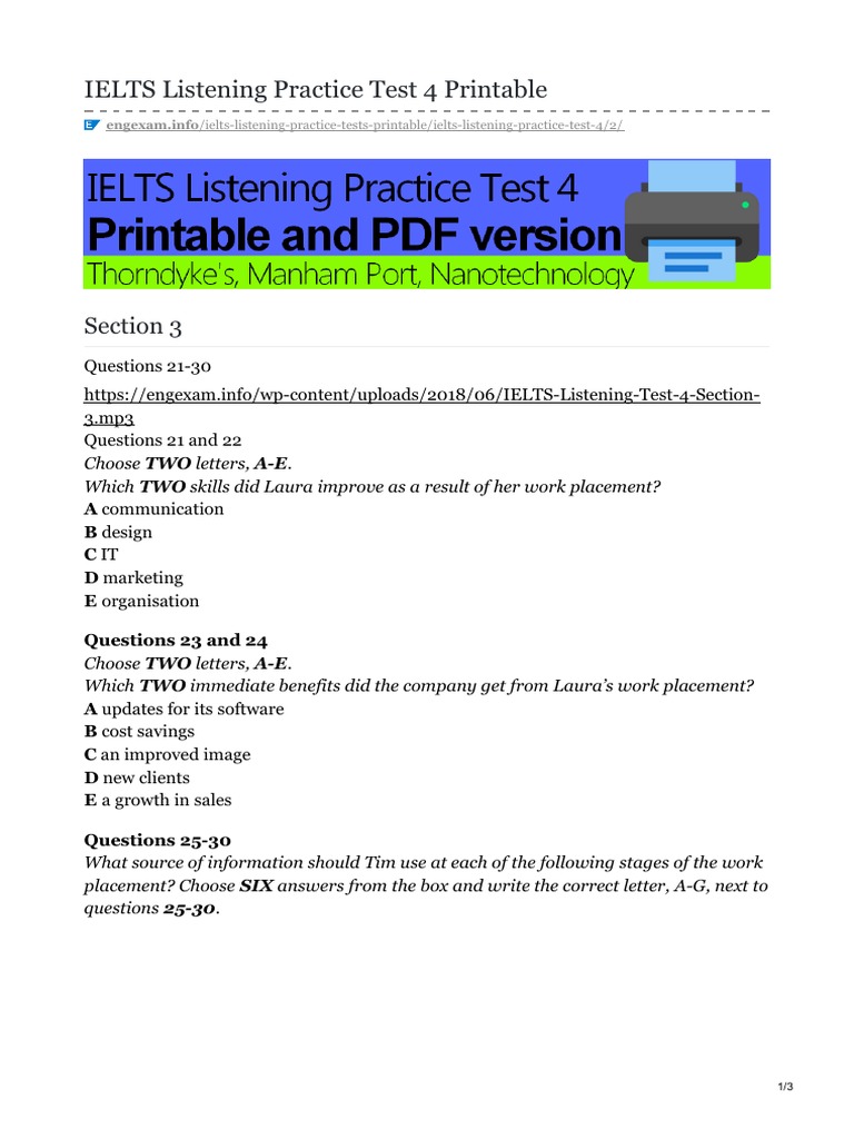 Engexam - info-IELTS Listening Practice Test 4 Printable | PDF