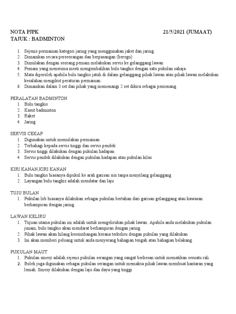 Nota PJPK Badminton | PDF