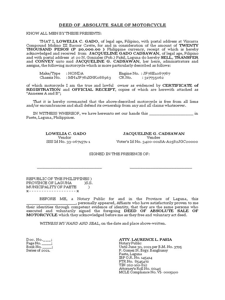DEED OF ABSOLUTE SALE OF TRICYCLE (Arenas) PDF Deed Natural