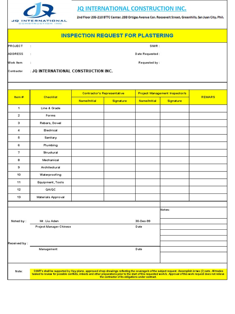 Plastering Inspection Request Checklist | PDF