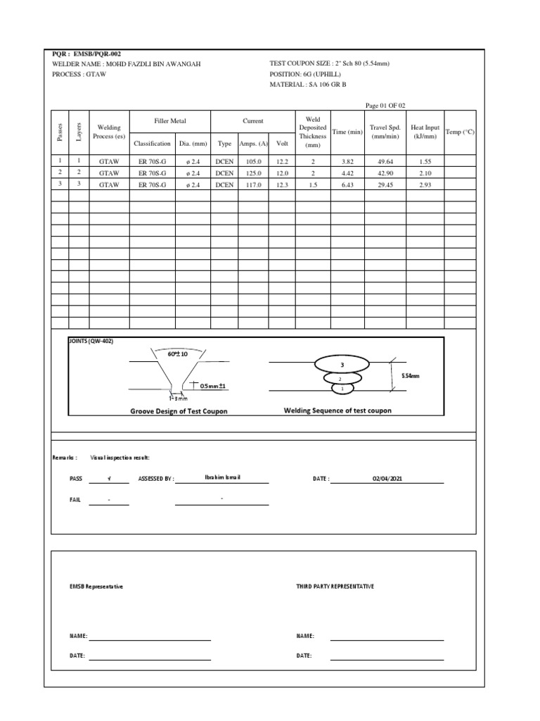 PQR PARAMETER Record Gtaw PDF Electric Heating Welding