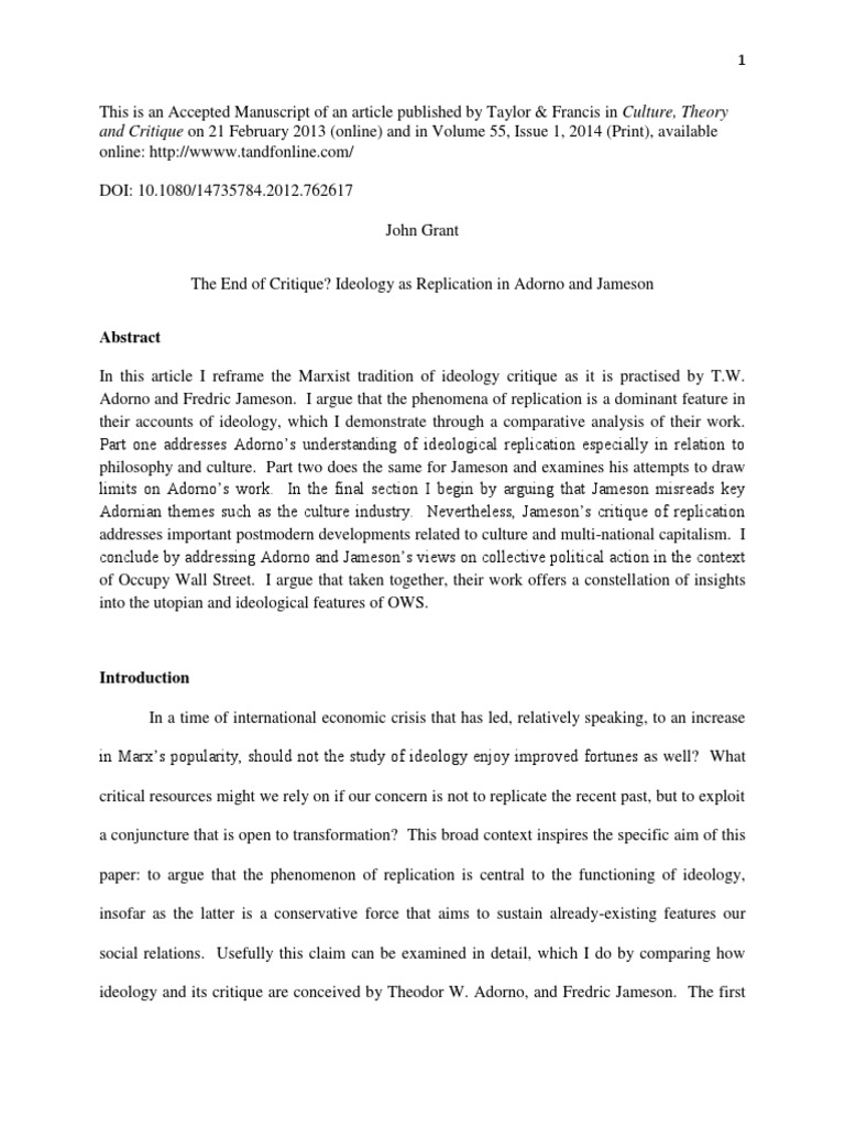 The End of Critique Ideology As Replicat PDF Theodor W. Adorno