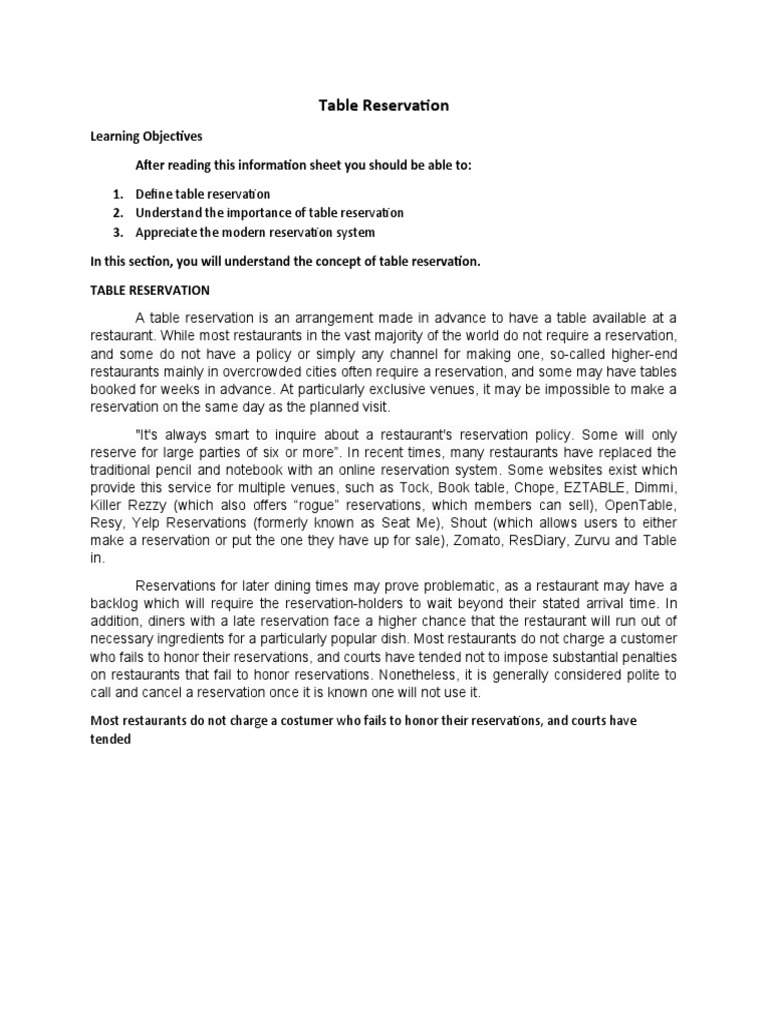 Table Reservation | PDF