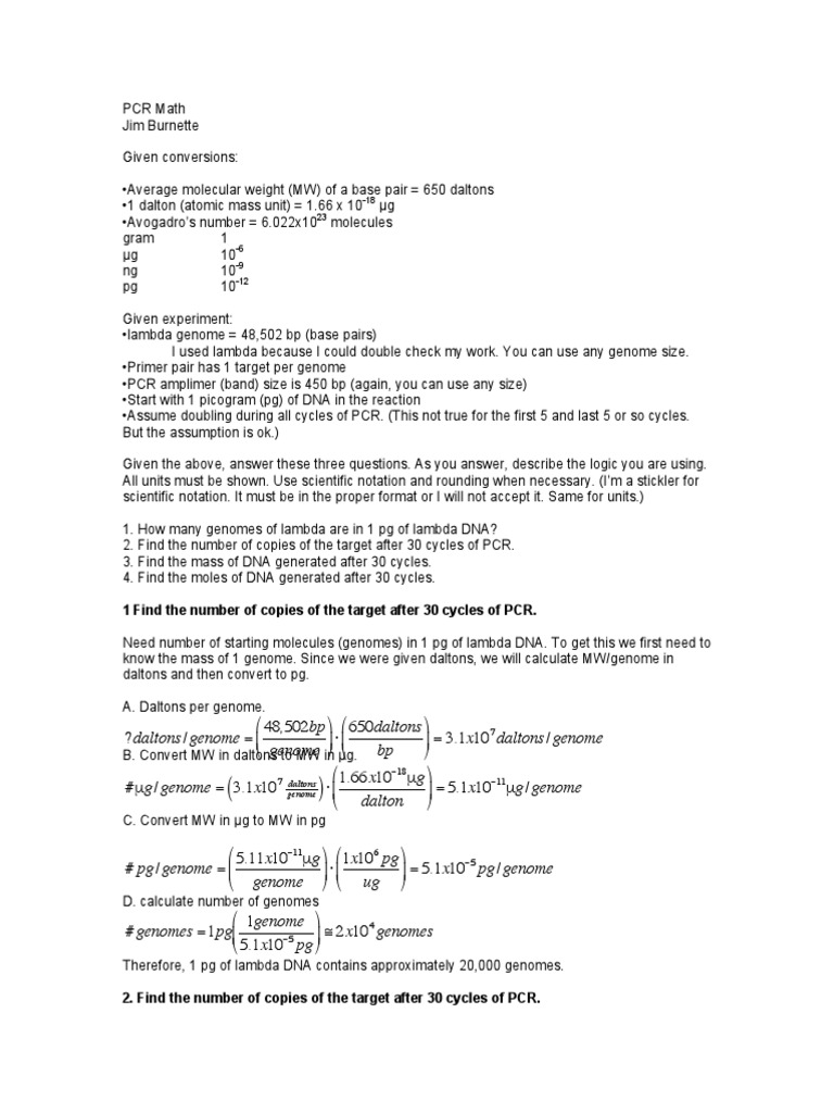PCR Math | PDF | Mole (Unit) | Base Pair