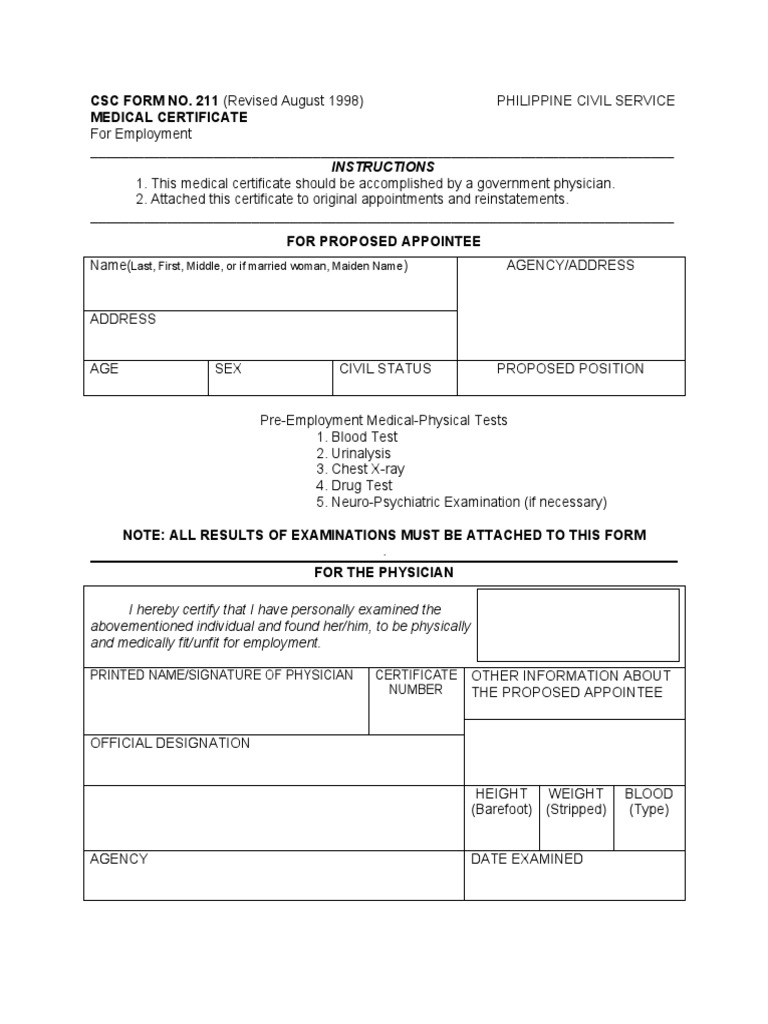 Csc form 211 medical certificate pdf