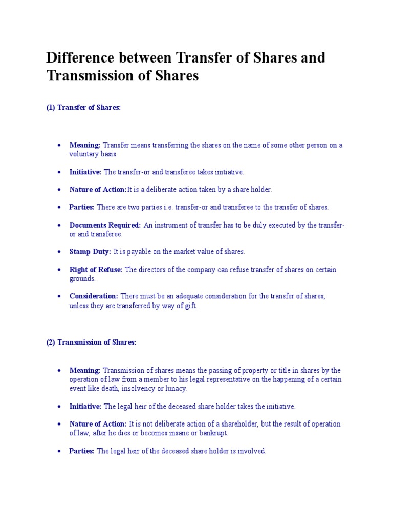 Transfer vs. Transmission of Shares | PDF