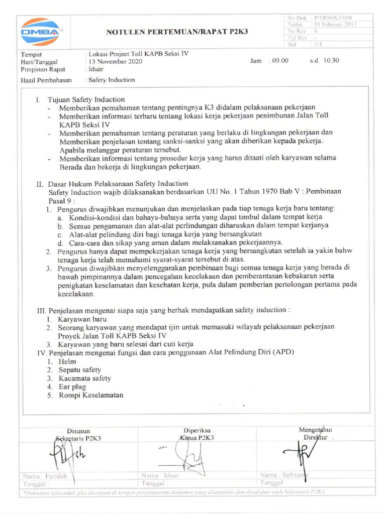 C.3.b. Risalah Dan Daftar Hadir Safety Induction | PDF