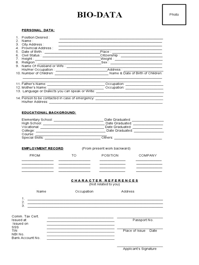 Comprehensive Bio-Data Template | PDF
