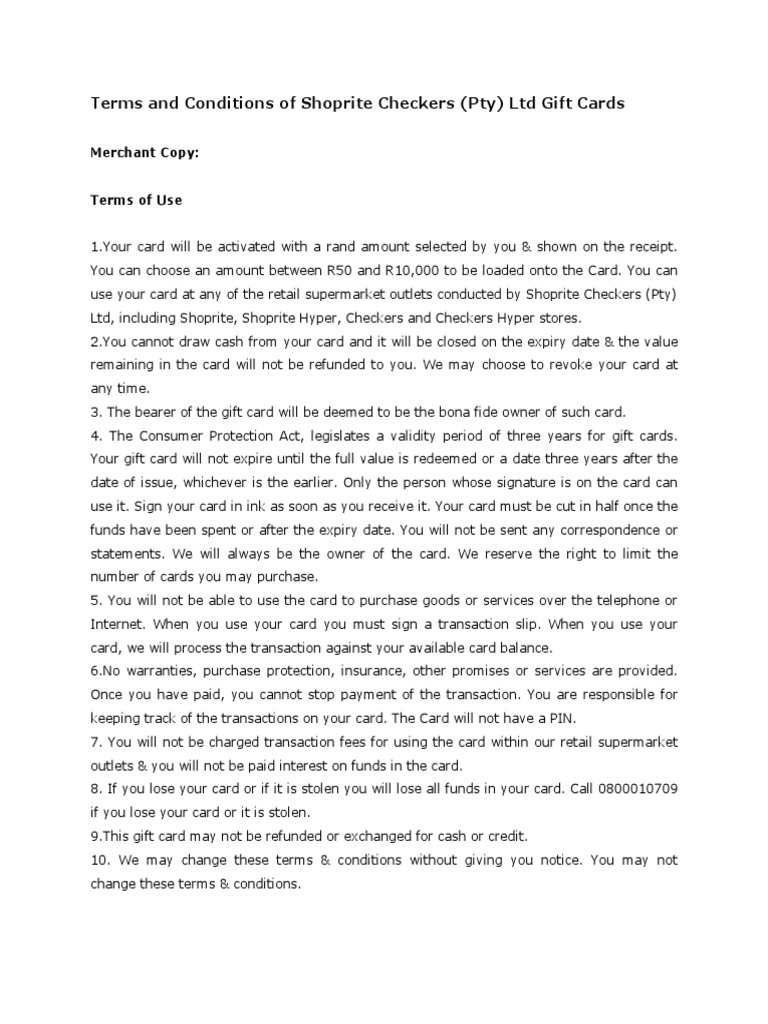 Shoprite Checkers Gift Card PDF Gift Card Financial Transaction