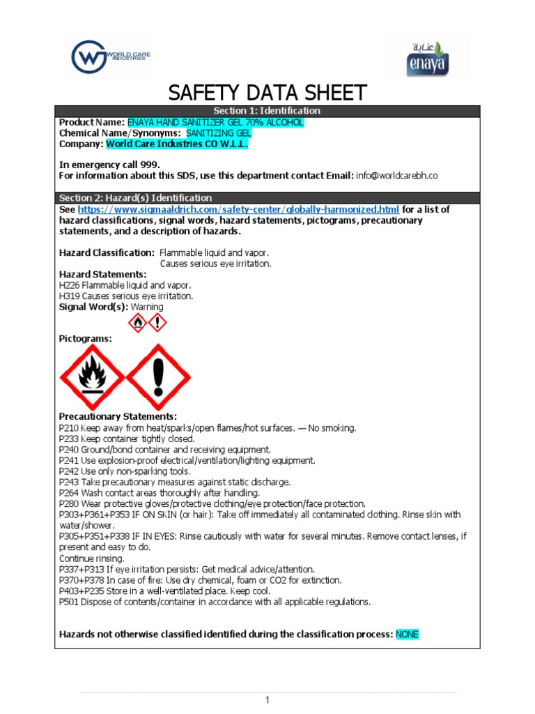 ENAYA Hand Sanitizer Gel Safety Data Sheet 2020 PDF Dangerous