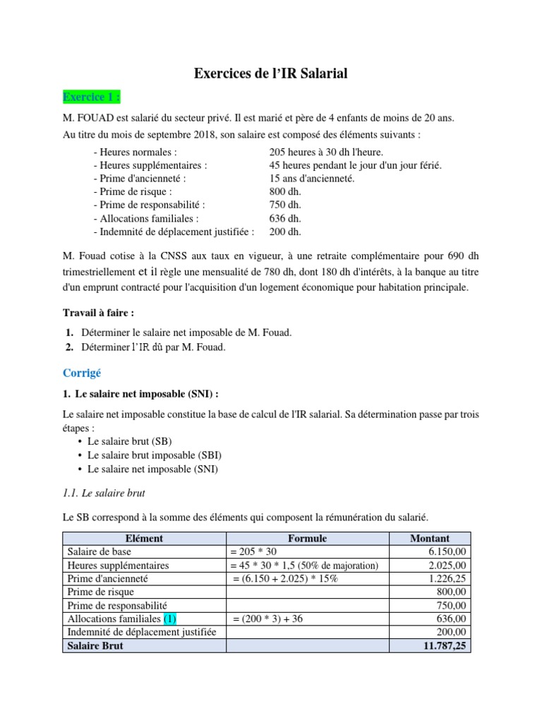 Exercices Et Corrigés Sur La Paie Pdf Gratuit Exercices IR Salarial + Corrigé | PDF | Salaires | Heures supplémentaires