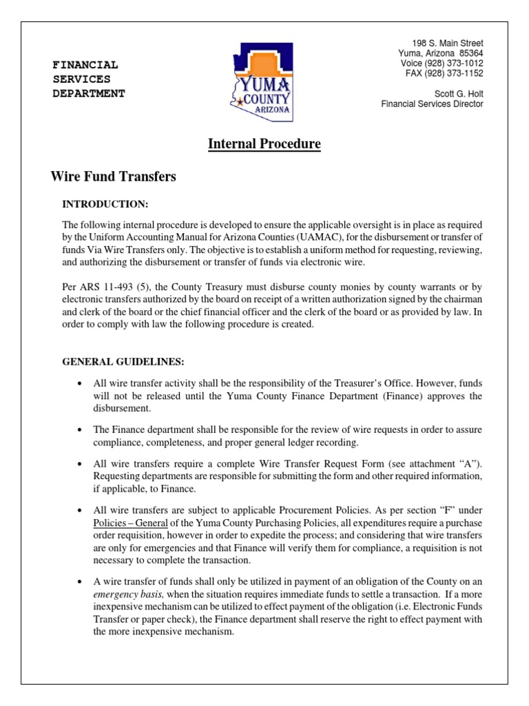 Wire Transfer Procedures for Yuma County | PDF | Wire Transfer | Payments