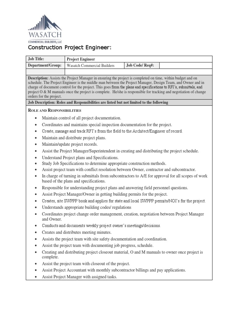 Project Engineer Job Description PDF Specification (Technical