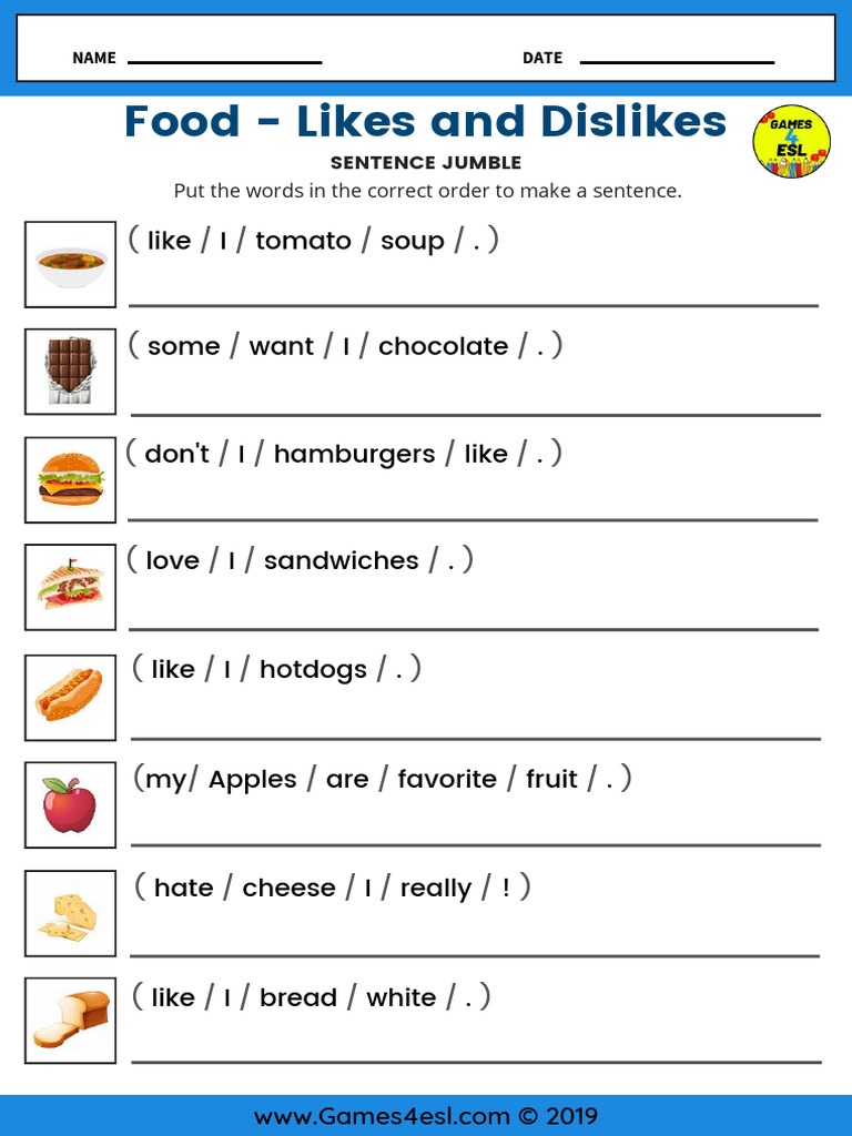 Food Sentence Jumble Worksheet | PDF