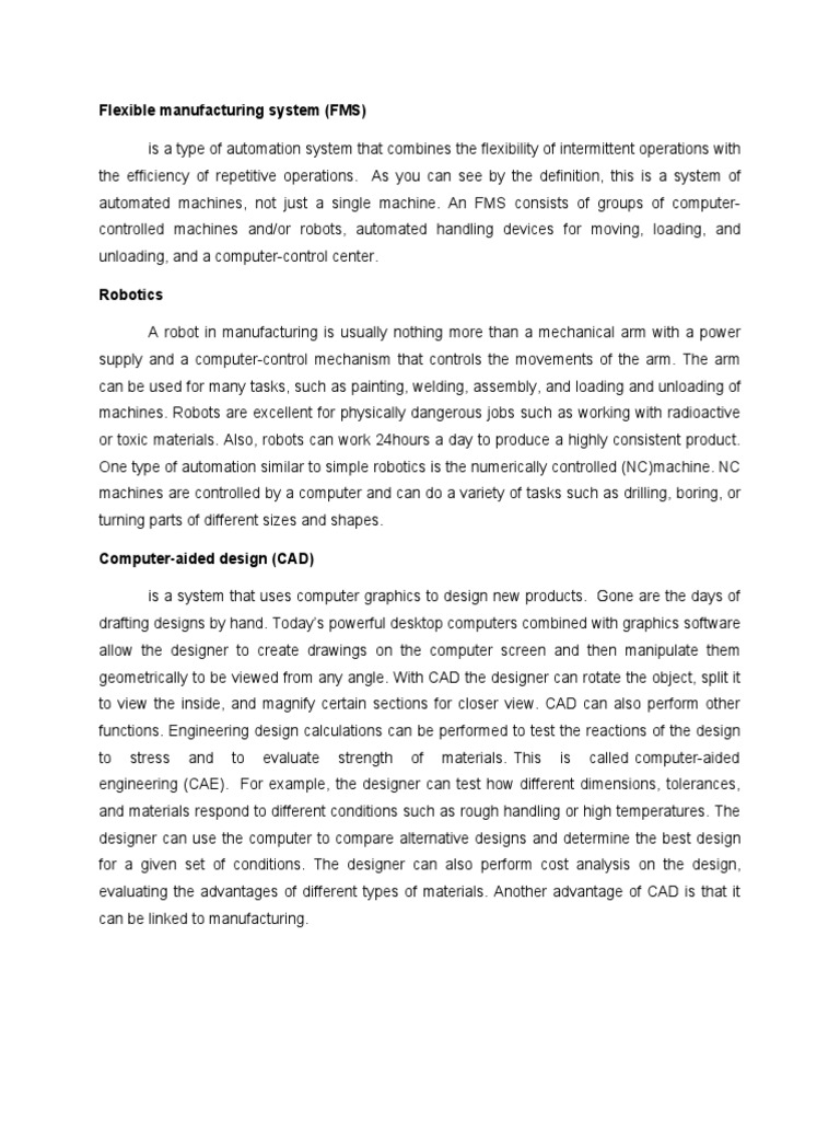 Flexible Manufacturing System (FMS), Robotics, CAD | PDF | Computers