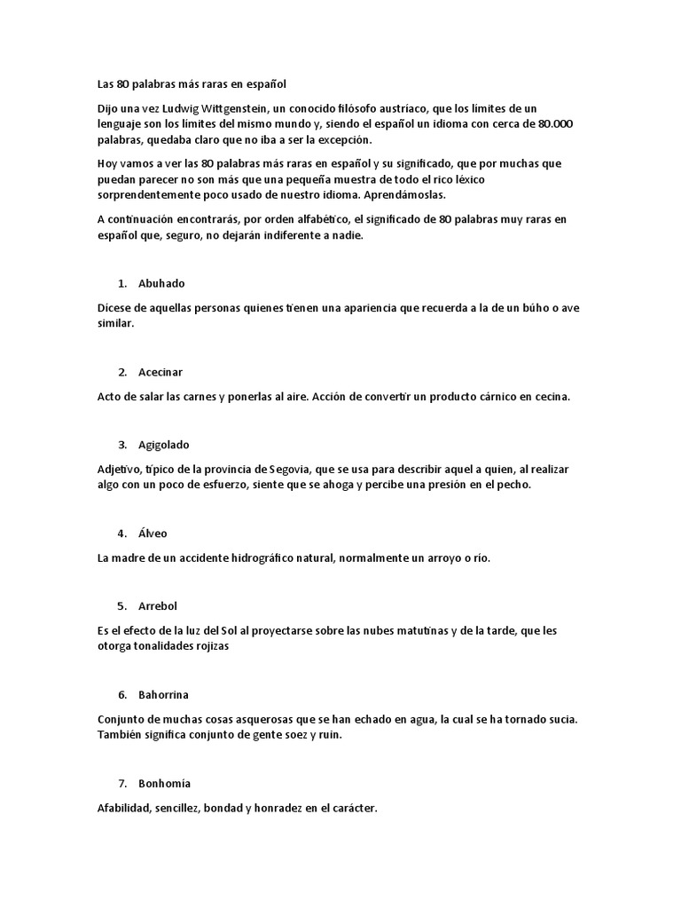 80 Palabras Raras en Español y su Significado | PDF | Idiomas | Naturaleza