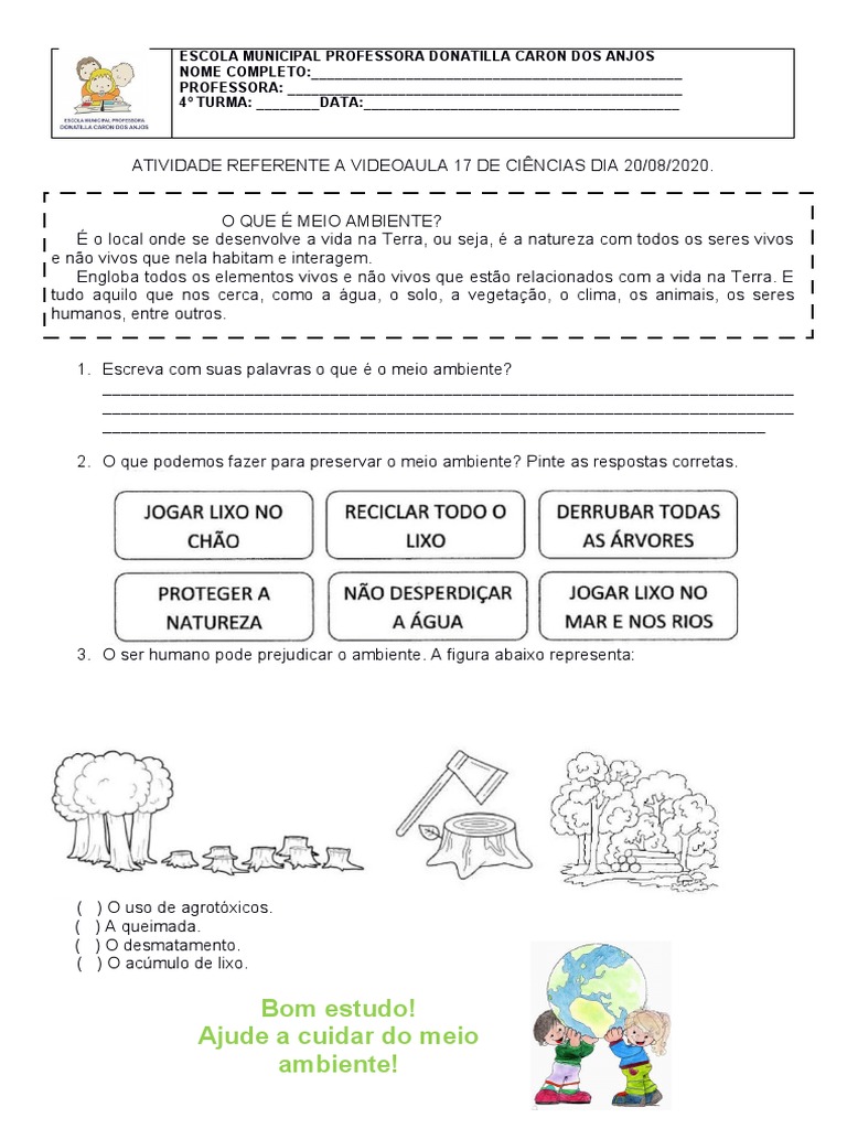 O que é o meio ambiente? Atividade sobre definição e preservação do ...