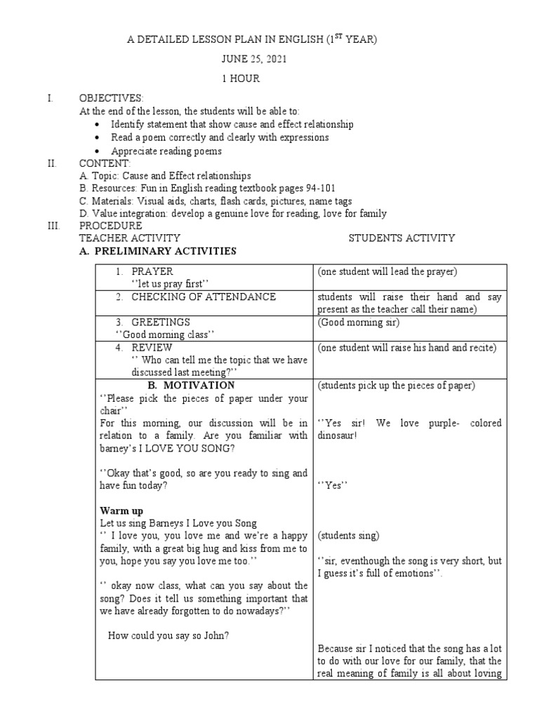 1st Year English Detailed Lesson Plan | PDF | Lesson Plan | Curriculum