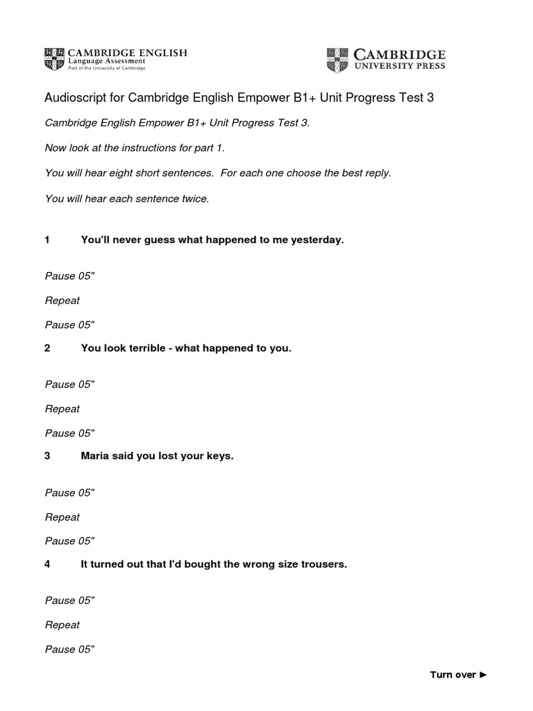 Audioscript For Cambridge English Empower B1+ Unit Progress Test 3 ...