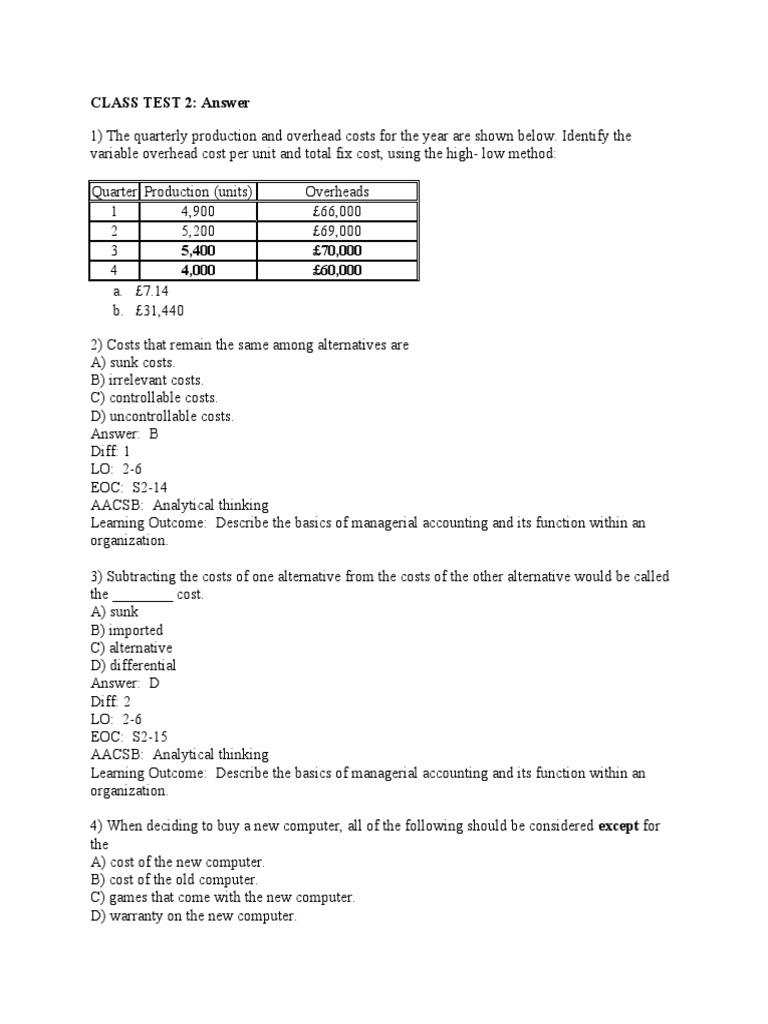 Class Test 2b Answer PDF Cost Management Accounting