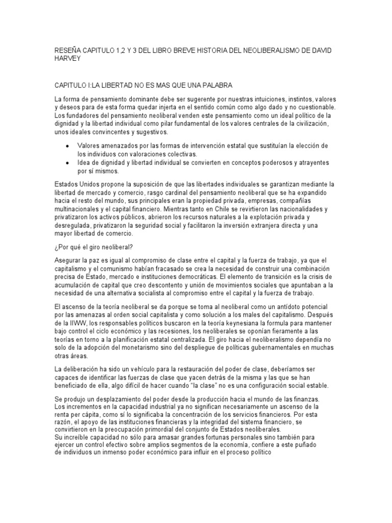 All About The Usa Resumen Por Capitulos Reseña Capitulo 1,2 y 3 Del Libro Breve Historia Del Neoliberalismo de  David Harvey | PDF | Neoliberalismo | Capitalismo