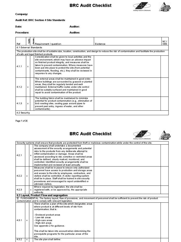 BRC Audit Checklist for Site Standards | PDF | Filtration | Foods