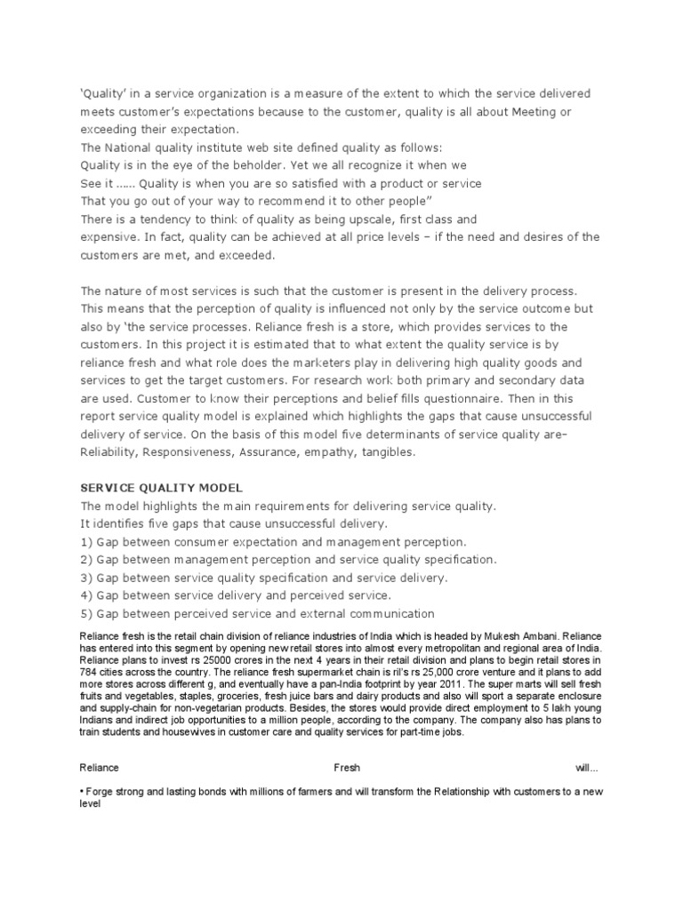 Service Quality Analysis at Reliance Fresh | PDF | Marketing | Economies