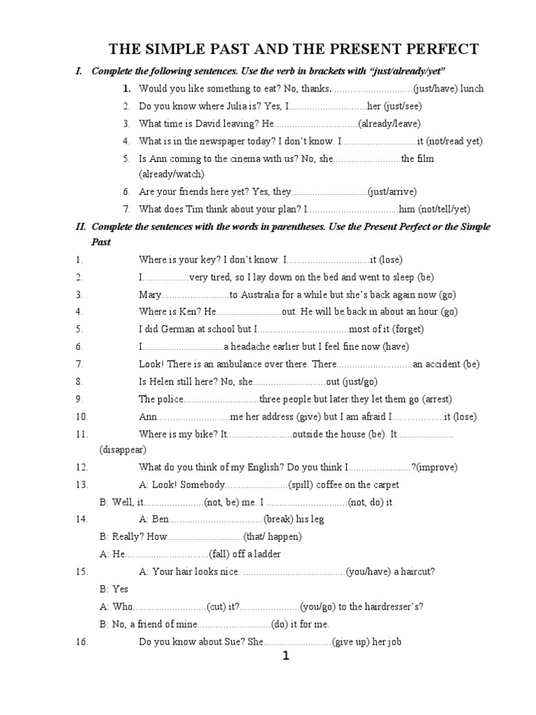 Simple Past vs Present Perfect Exercises | PDF | Grammar | Syntax