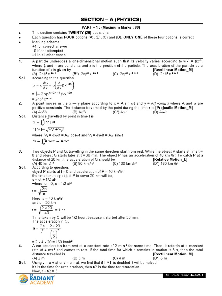 Section - A (Physics) : PART - 1: (Maximum Marks: 80) | PDF ...