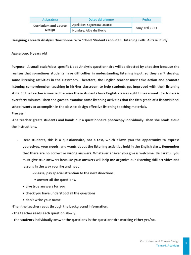 EFL Listening Skills Needs Analysis | PDF | English As A Second Or ...