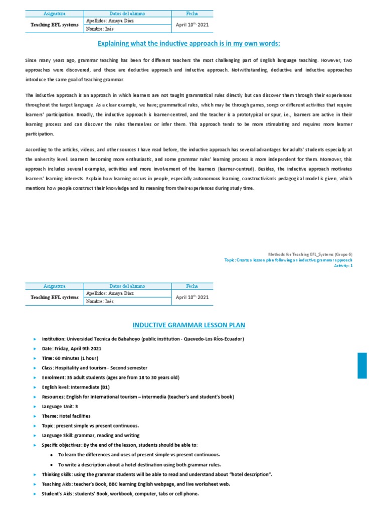 Inductive Grammar Lesson Plan Example | PDF | Lesson Plan | English As ...