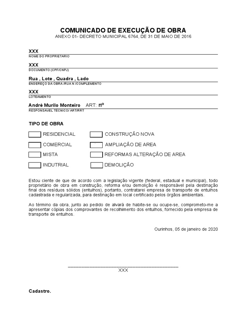 C Comunicado De Execu o De Obra PDF