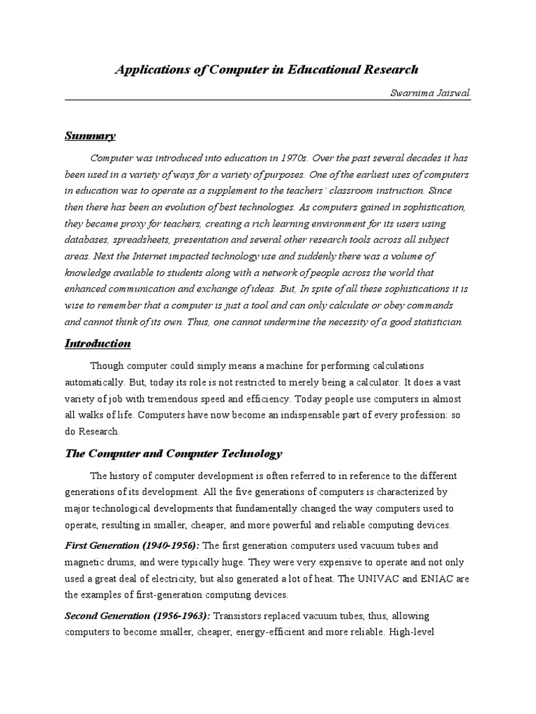 Applications of Computer in Educational Research | PDF | Spss | Chart