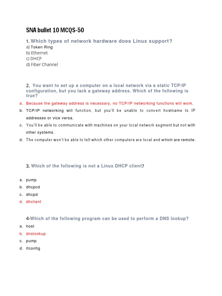 SNA Bullet 10 MCQS50 Which Types of Network Hardware Does Linux Support ? PDF Firewall