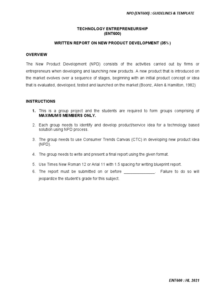 Technology Entrepreneurship (ENT600) Written Report On New Product ...