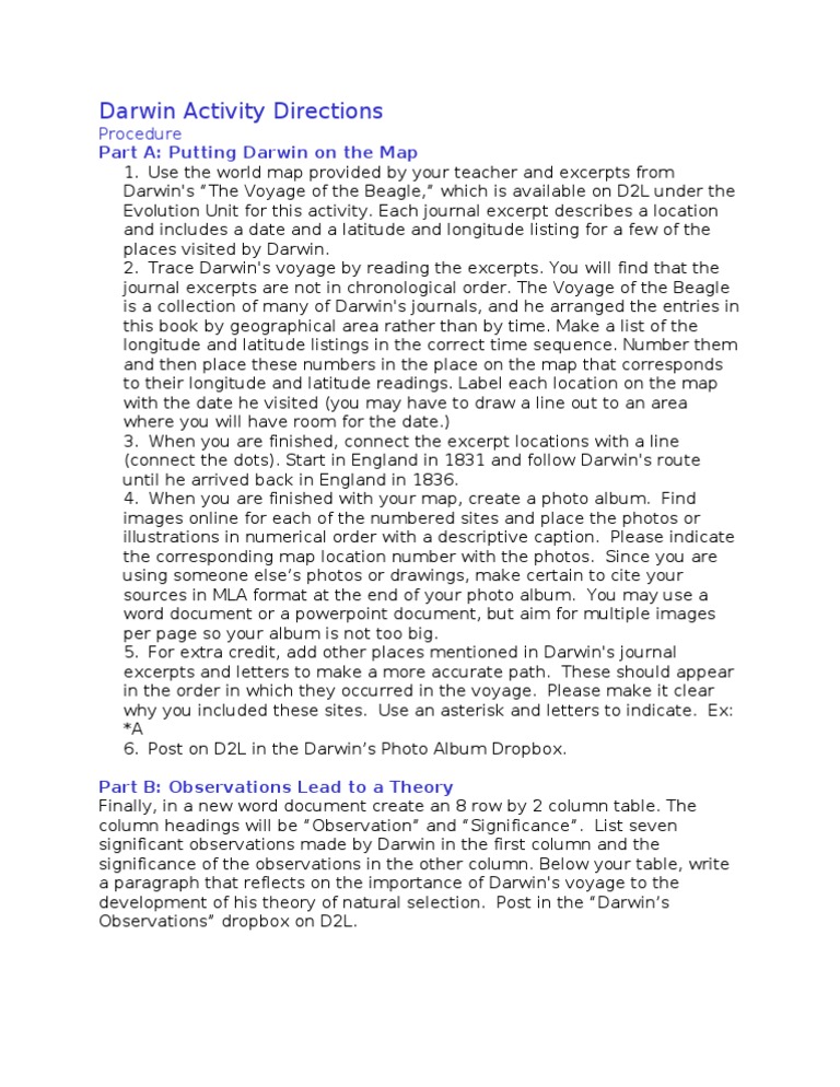 Darwin Activity Directions PDF Charles Darwin Map