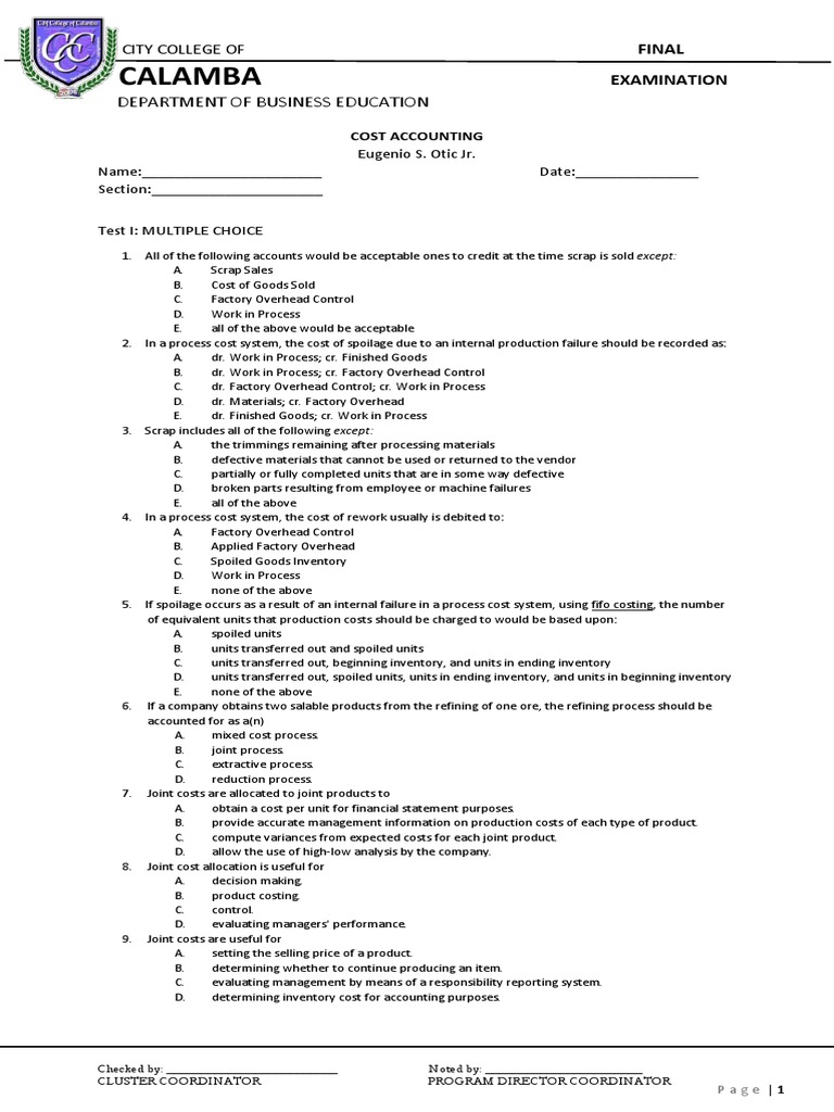 Cost Accounting Final Exam Questions | PDF | Cost Of Goods Sold | Inventory