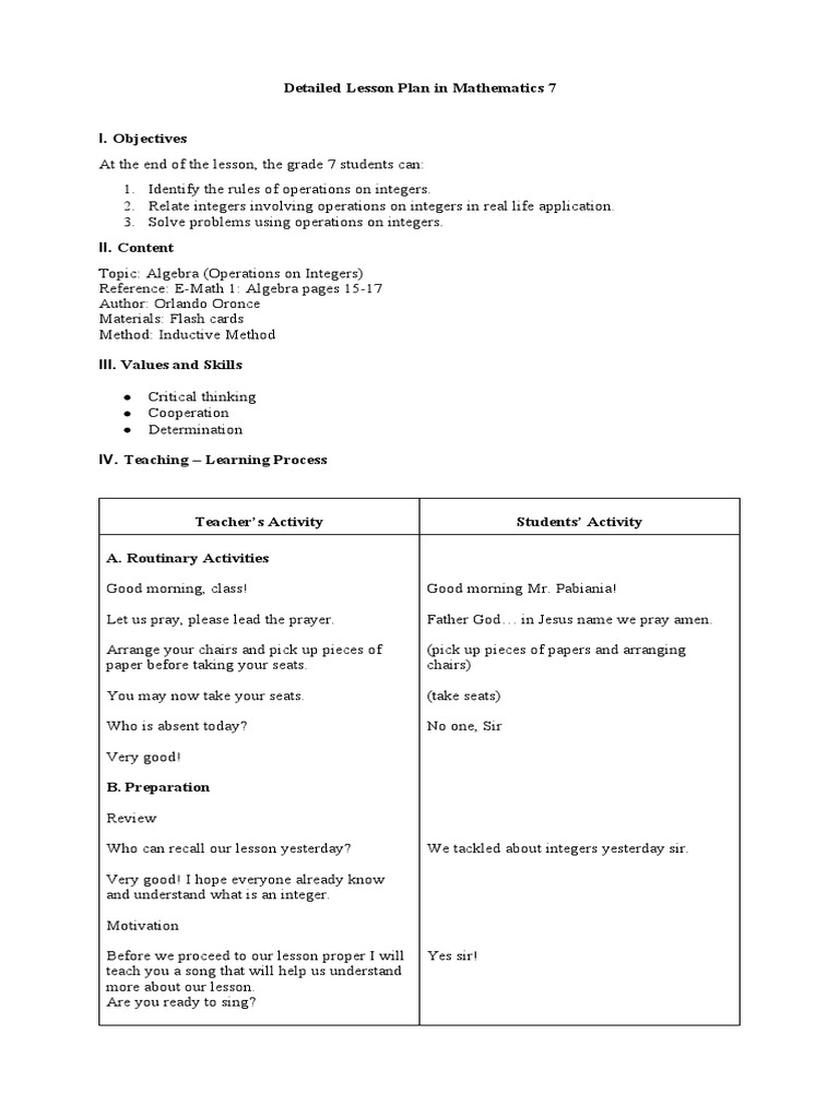 Detailed Lesson Plan in Mathematics 7 | PDF | Numbers | Multiplication