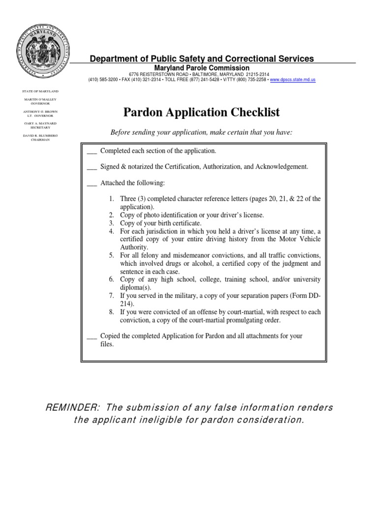 Pardon Application Checklist Department of Public Safety and