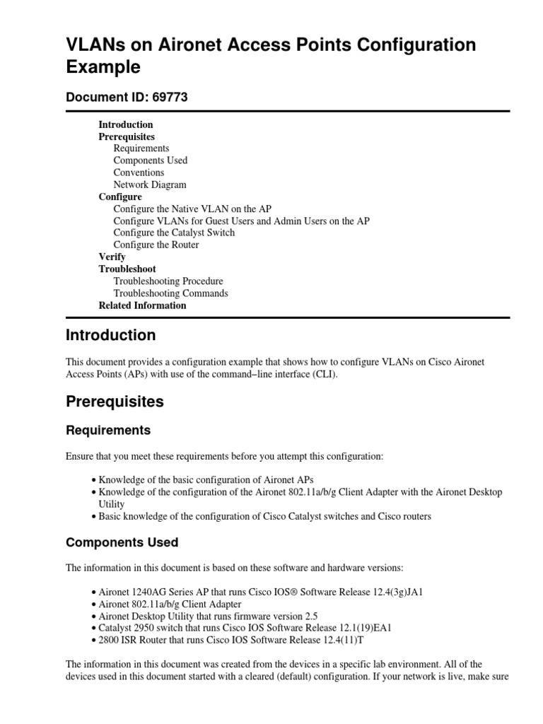 Vlans On Aironet Access Points Configuration Example: Document Id ...