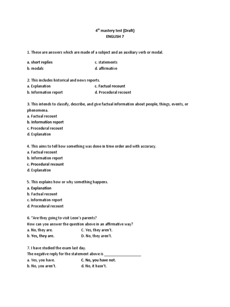 4th Mastery Test (Draft) Grade 7 | PDF | Plot (Narrative) | Narrative
