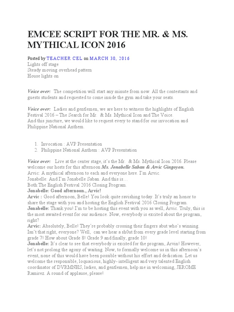Emcee Script for Mr. & Ms. Mythical Icon | PDF | Clothing