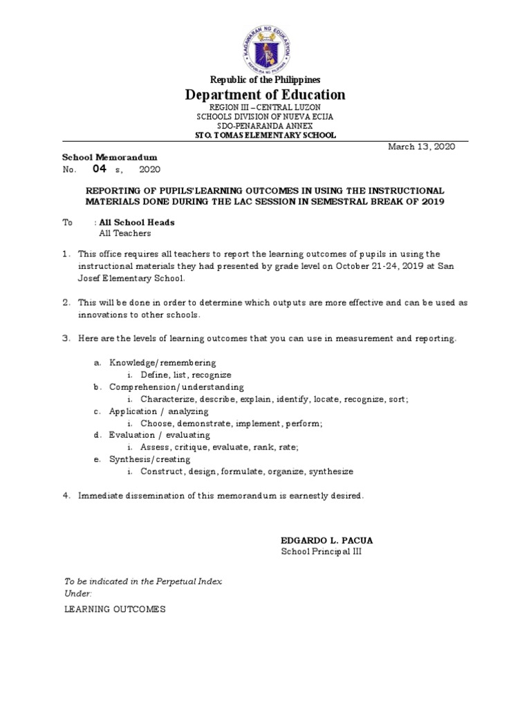 School Memorandum On Revisiting LAC Session Done On Oct, 2020 and