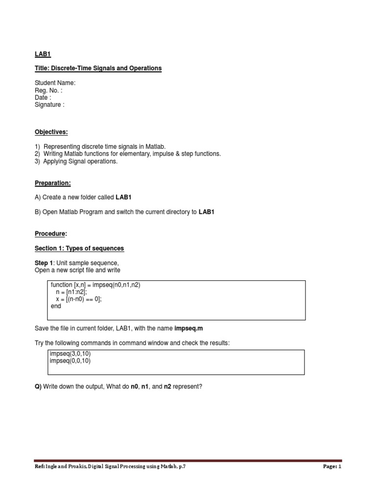 Lab1 Title DiscreteTime Signals and Operations Ref Ingle and