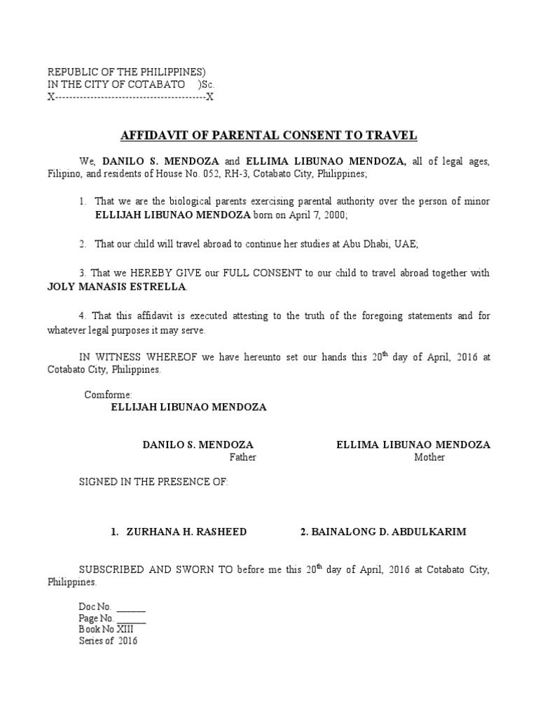 Affidavit of Consent To Travel Minor PDF