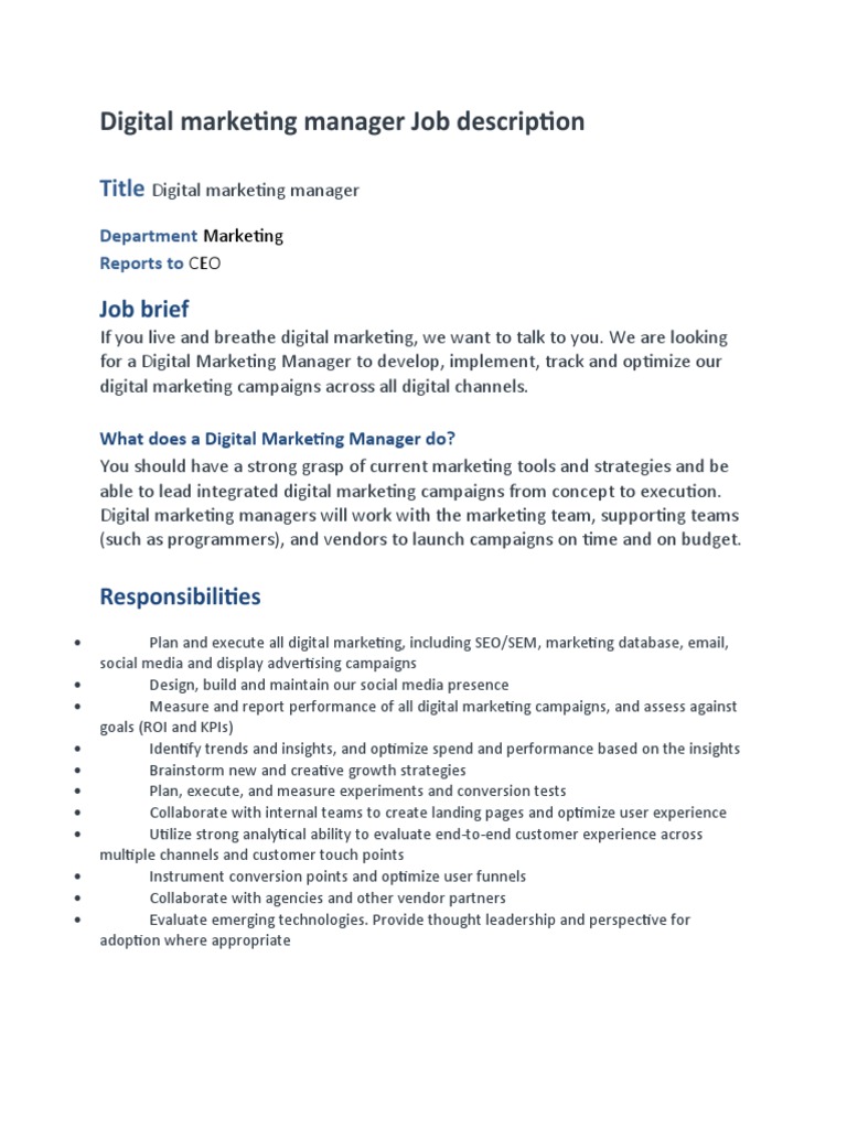 Digital Marketing Manager Job Description PDF Digital Marketing